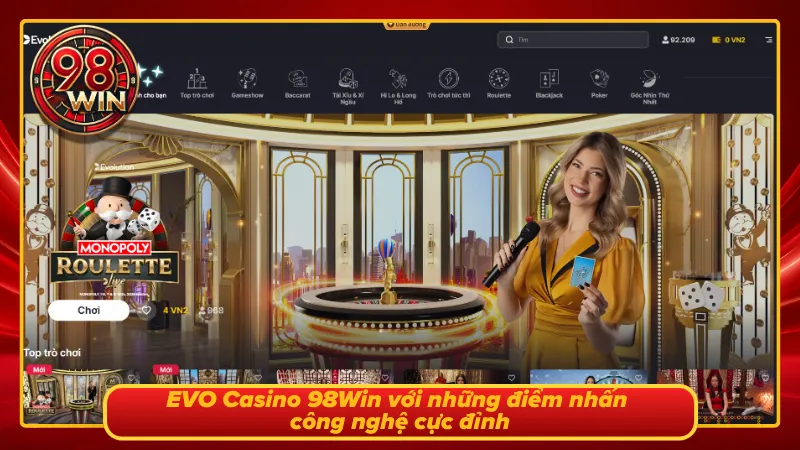 Màn hình sảnh casino EVO với nhiều trò chơi thú vị